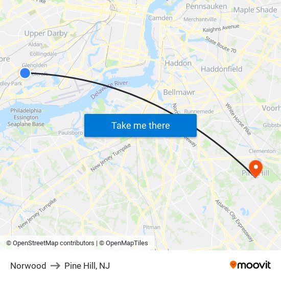 Norwood to Pine Hill, NJ map