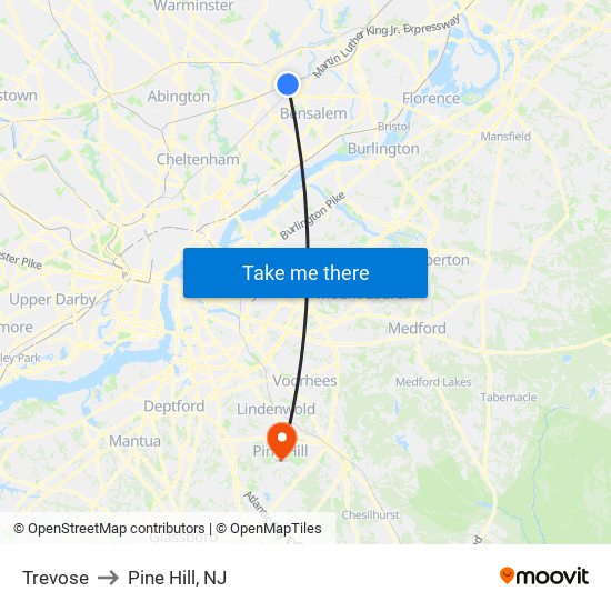 Trevose to Pine Hill, NJ map