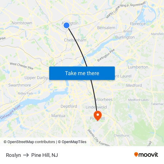 Roslyn to Pine Hill, NJ map