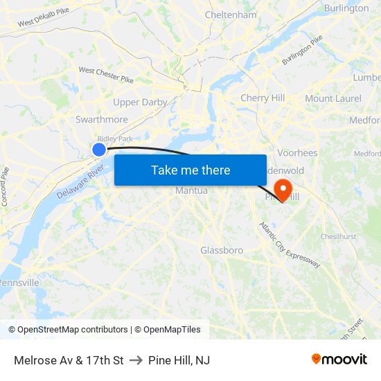 Melrose Av & 17th St to Pine Hill, NJ map