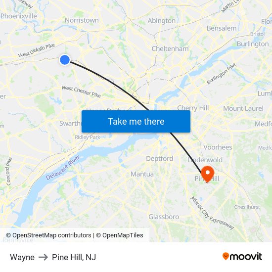 Wayne to Pine Hill, NJ map