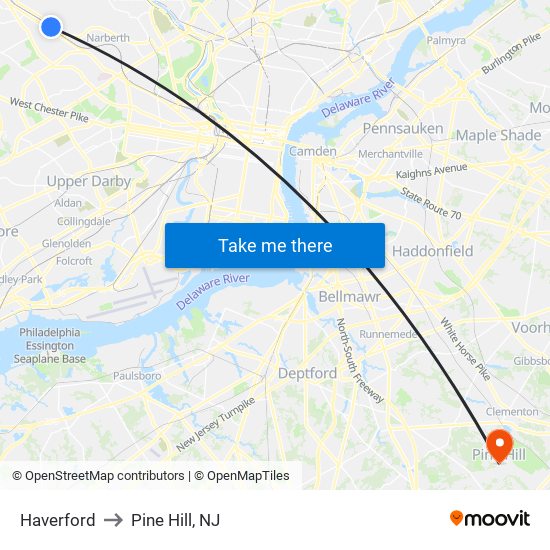 Haverford to Pine Hill, NJ map