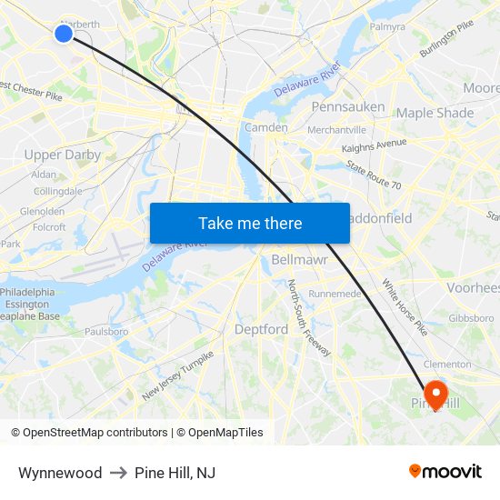 Wynnewood to Pine Hill, NJ map