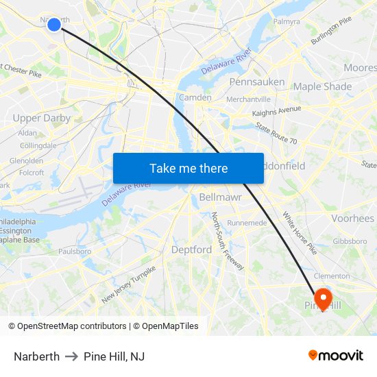 Narberth to Pine Hill, NJ map
