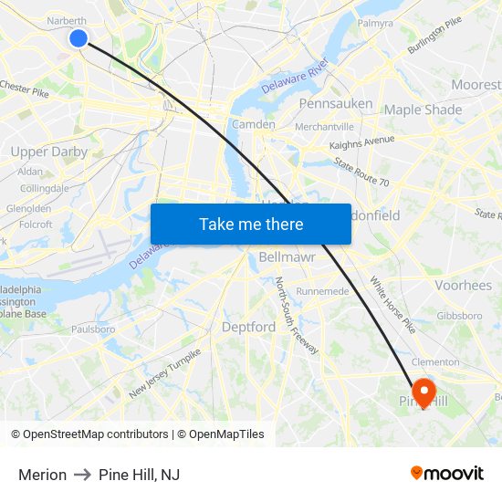 Merion to Pine Hill, NJ map