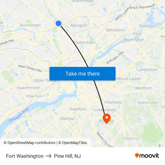 Fort Washington to Pine Hill, NJ map