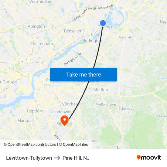 Levittown-Tullytown to Pine Hill, NJ map