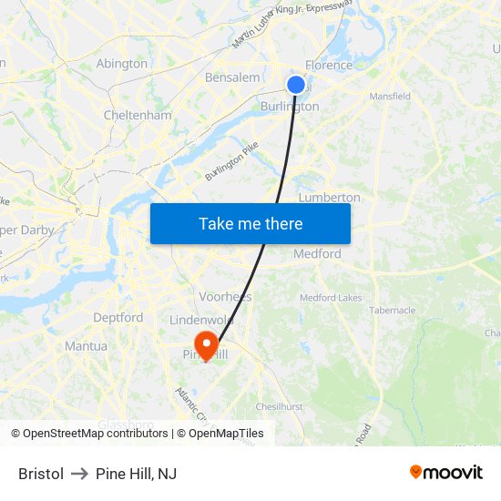 Bristol to Pine Hill, NJ map