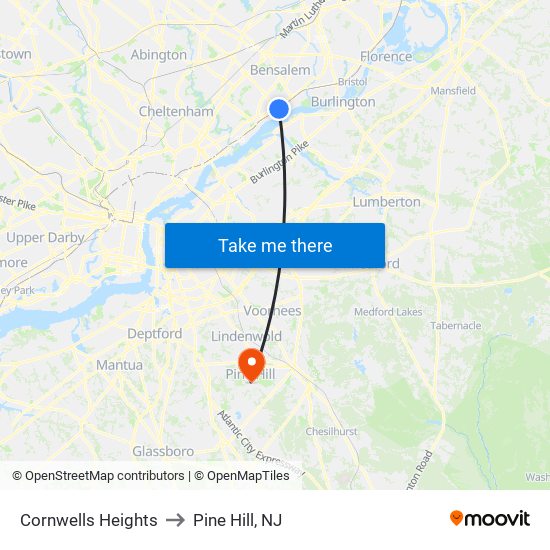 Cornwells Heights to Pine Hill, NJ map