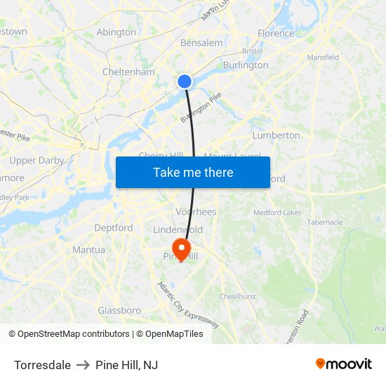 Torresdale to Pine Hill, NJ map