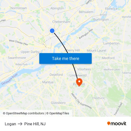 Logan to Pine Hill, NJ map