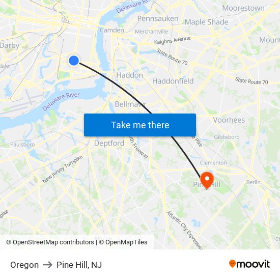 Oregon to Pine Hill, NJ map