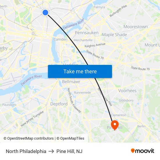 North Philadelphia to Pine Hill, NJ map