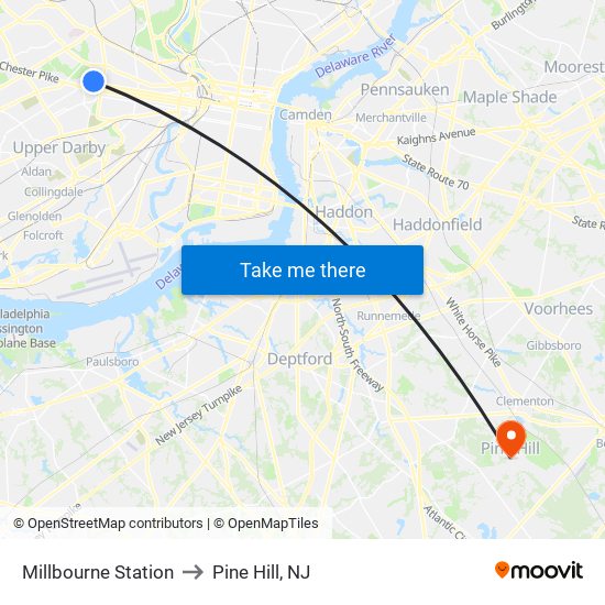 Millbourne Station to Pine Hill, NJ map