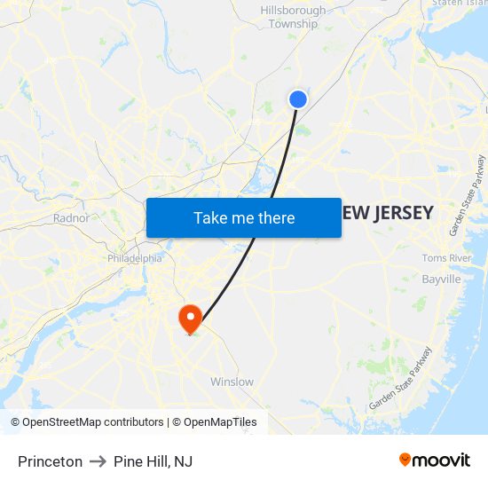 Princeton to Pine Hill, NJ map