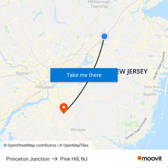 Princeton Junction to Pine Hill, NJ map