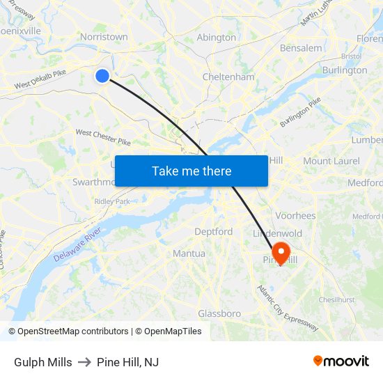 Gulph Mills to Pine Hill, NJ map