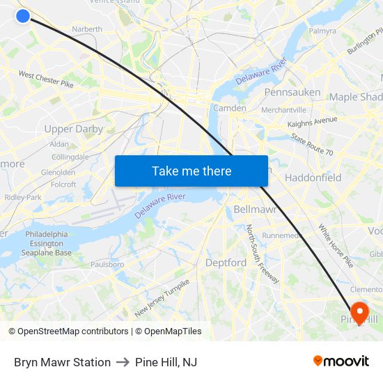 Bryn Mawr Station to Pine Hill, NJ map