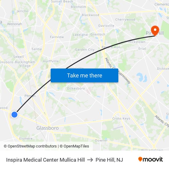 Inspira Medical Center Mullica Hill to Pine Hill, NJ map