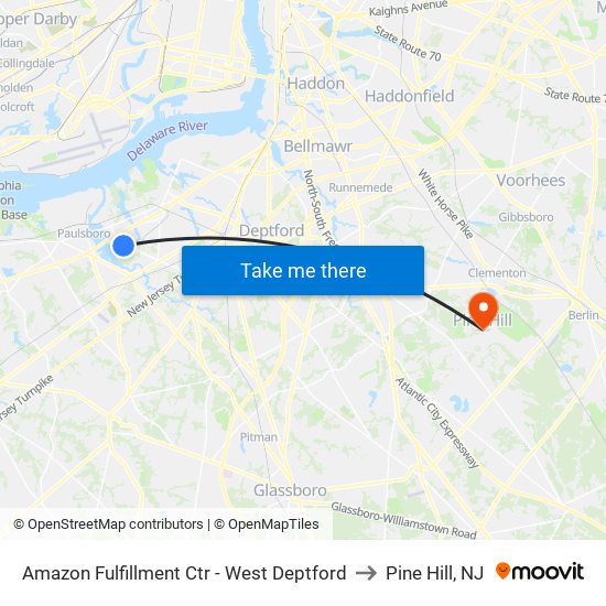 Amazon Fulfillment Ctr - West Deptford to Pine Hill, NJ map