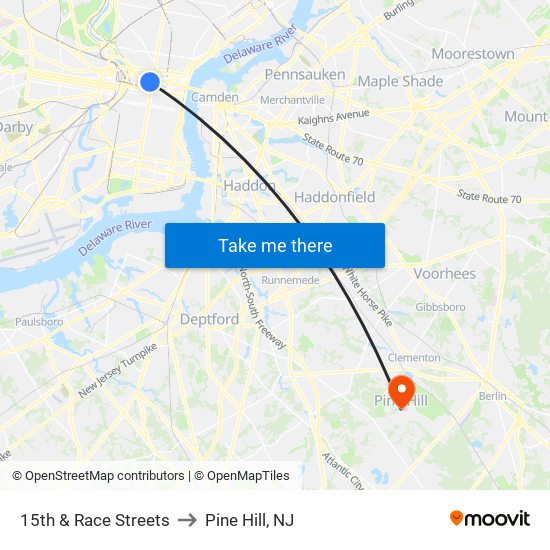 15th & Race Streets to Pine Hill, NJ map