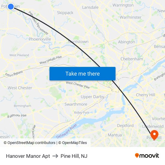 Hanover Manor Apt to Pine Hill, NJ map