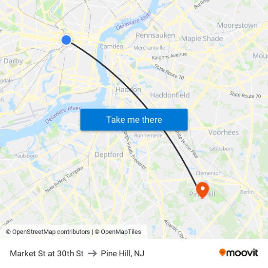 Market St at 30th St to Pine Hill, NJ map