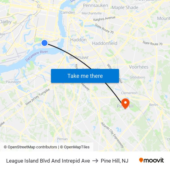 League Island Blvd And Intrepid Ave to Pine Hill, NJ map