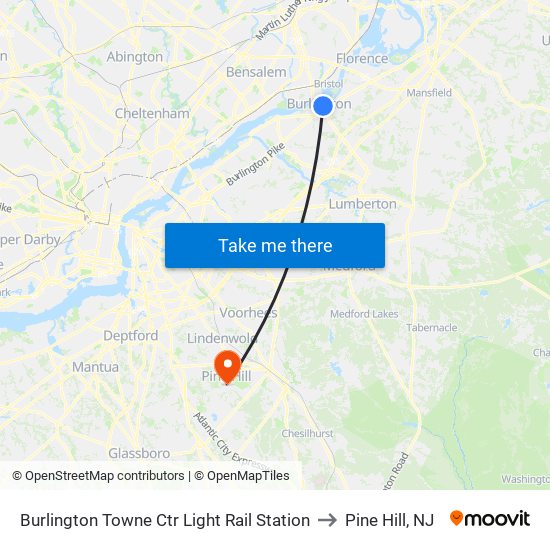 Burlington Towne Ctr Light Rail Station to Pine Hill, NJ map