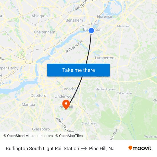 Burlington South Light Rail Station to Pine Hill, NJ map