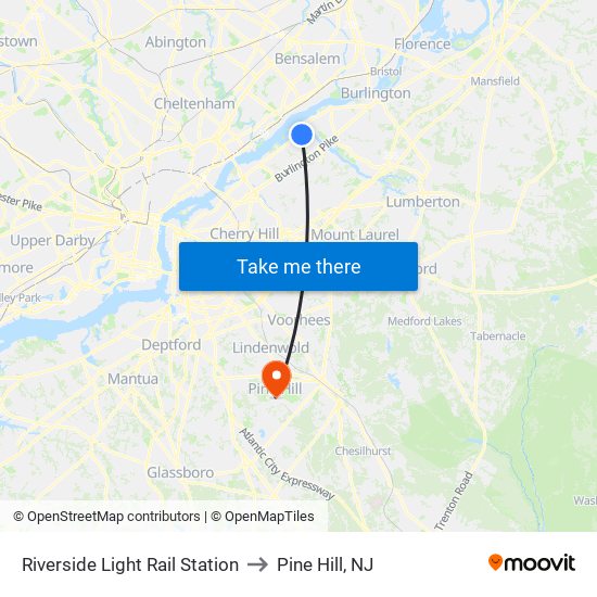 Riverside Light Rail Station to Pine Hill, NJ map