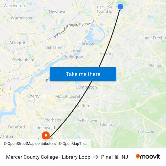 Mercer County College - Library Loop to Pine Hill, NJ map