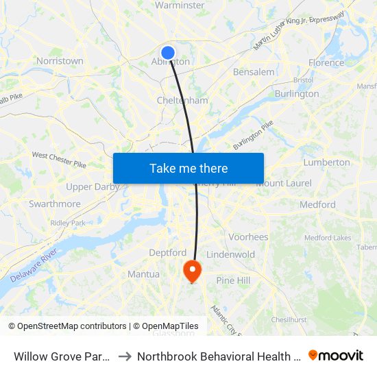 Willow Grove Park Mall to Northbrook Behavioral Health Hospital map