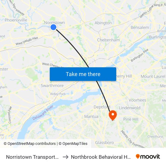Norristown Transportation Center to Northbrook Behavioral Health Hospital map