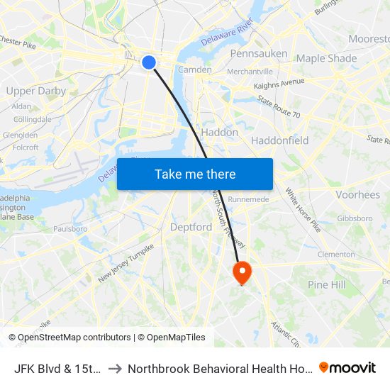 JFK Blvd & 15th St to Northbrook Behavioral Health Hospital map