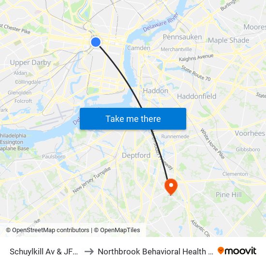 Schuylkill Av & JFK Blvd to Northbrook Behavioral Health Hospital map