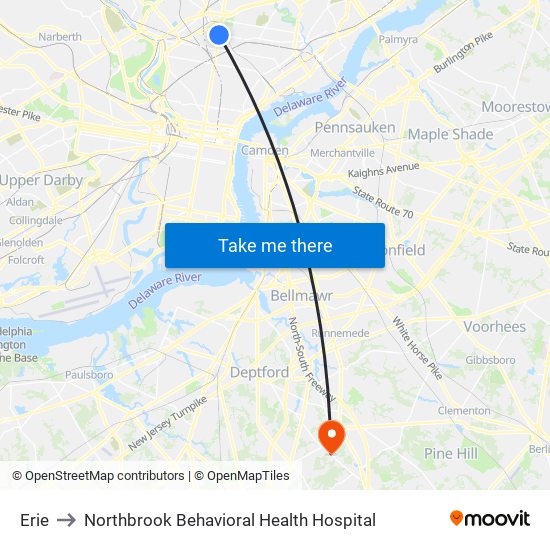 Erie to Northbrook Behavioral Health Hospital map