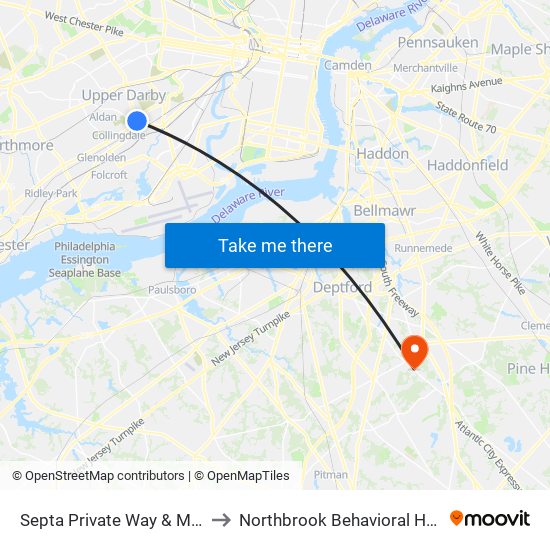 Septa Private Way & Macdade Blvd to Northbrook Behavioral Health Hospital map