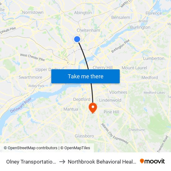 Olney Transportation Center to Northbrook Behavioral Health Hospital map