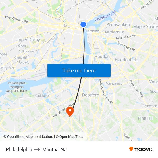 Philadelphia to Mantua, NJ map