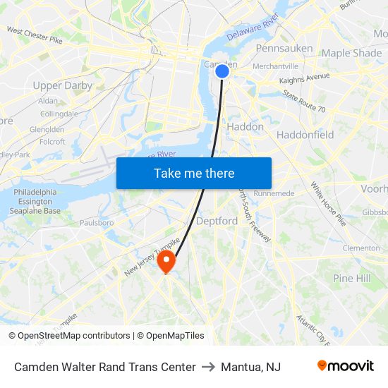 Camden Walter Rand Trans Center to Mantua, NJ map