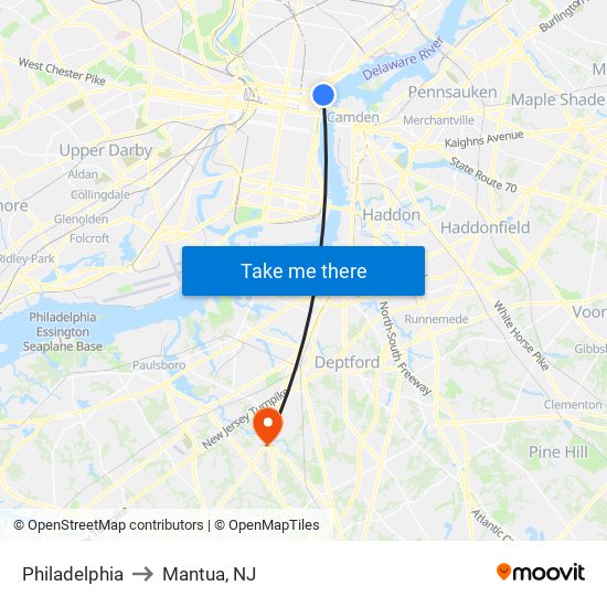 Philadelphia to Mantua, NJ map