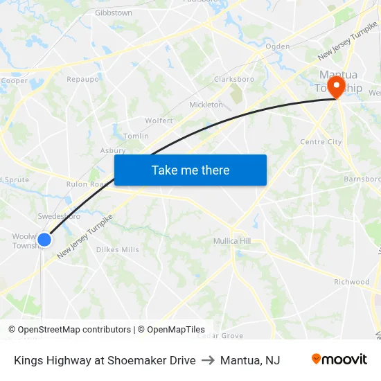 Kings Highway at Shoemaker Drive to Mantua, NJ map