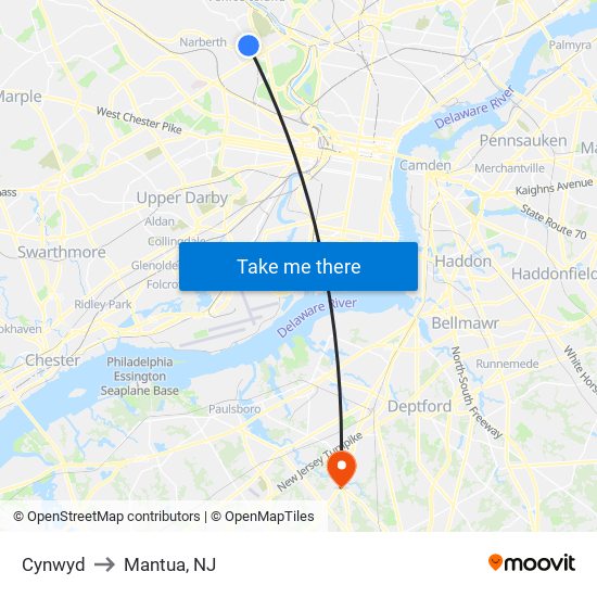 Cynwyd to Mantua, NJ map