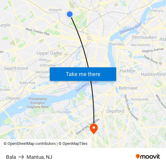 Bala to Mantua, NJ map