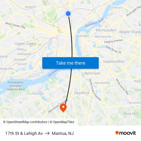 17th St & Lehigh Av to Mantua, NJ map