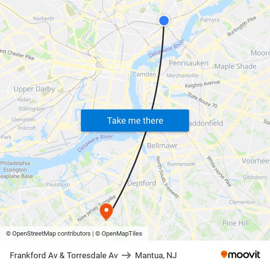 Frankford Av & Torresdale Av to Mantua, NJ map