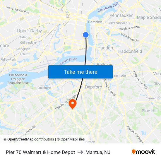 Pier 70 Walmart & Home Depot to Mantua, NJ map