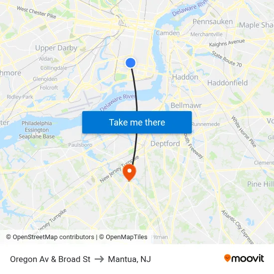 Oregon Av & Broad St to Mantua, NJ map