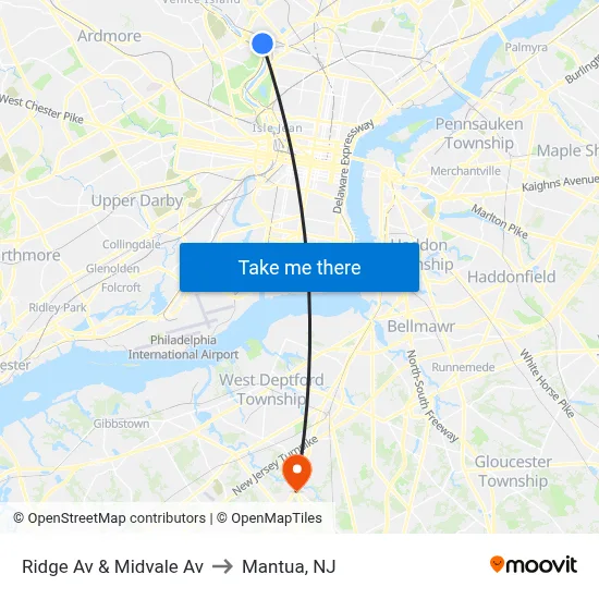 Ridge Av & Midvale Av to Mantua, NJ map